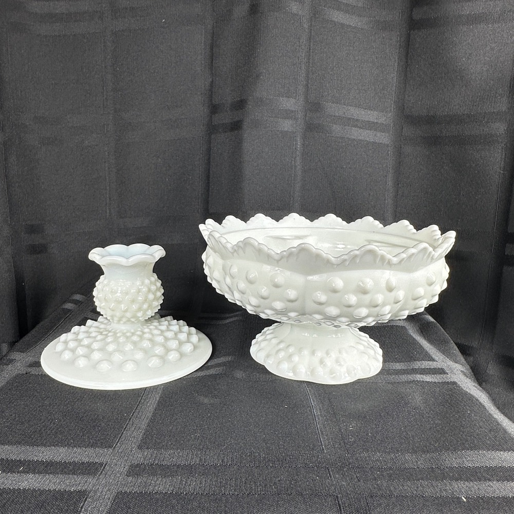 Fenton White Milk Glass Hobnail Candle Holder Set Footed 6-Way Bowl Candlestick